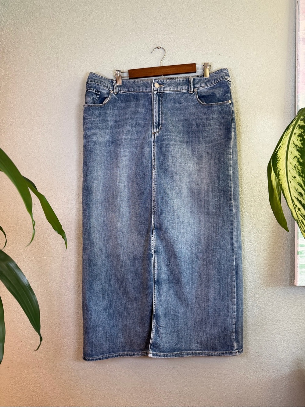 Chico’s Denim Stretch Boho Front Slit 90s Grunge Minimalist CBK Maxi Skirt XL - Picture 3 of 10